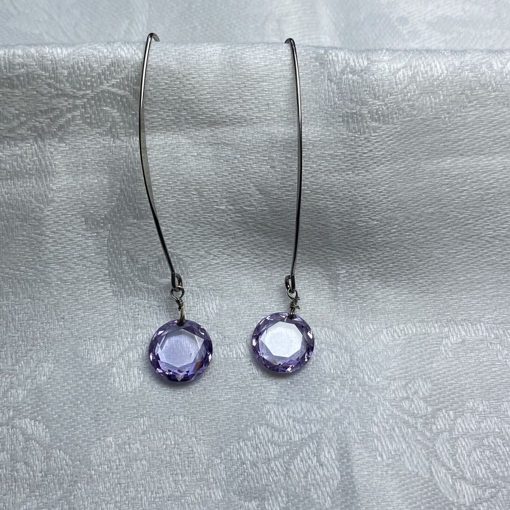 Purple Crystal Earrings Faceted Silver Tone Dangling Drop Comet - Picture 6 of 8
